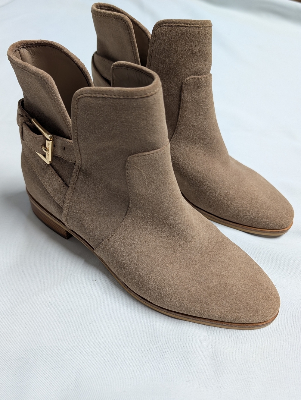 MICHAEL Michael Kors Taupe Suede Ankle Booties with Gold Buckle Size 10